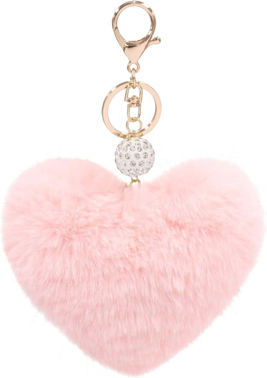 Women'S Heart Faux Fur Pom Pom Key Chains Bag Accessory Puffball Keyring Backpack Charms for Girls