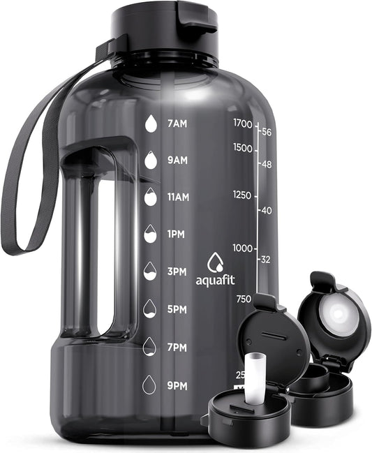 64 Oz Water Bottle with Time Marker - Straw & Chug Lid - BPA Free Half Gallon Gym Water Bottle with Handle - Big Gallon Jug (Gray, 64 Ounces)